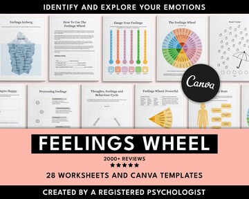 Feelings Wheel Canva Templates, Emotions Wheel, Feelings Wheel Worksheets, Mental Health Worksheet, Therapy Tools, Emotional Health Template