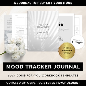 May include: A mood tracker journal with a white background and a quote that says "forgive others... yourself". The journal is designed to help lift your mood and includes daily mental health prompts for relieving anxiety. It has over 2000 positive reviews and is curated by a BPS registered psychologist.
