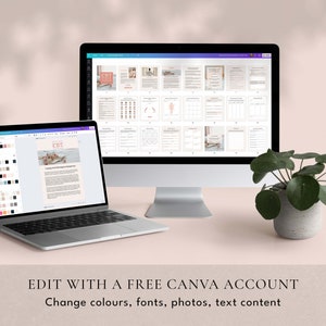 May include: A laptop and desktop computer displaying a digital workbook with the title "CBT: Coping with Negative Thoughts and Emotions". The workbook is designed to be edited using Canva. The text "EDIT WITH A FREE CANVA ACCOUNT" is displayed below the image.