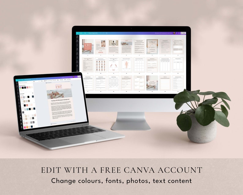 May include: A laptop and desktop computer displaying a digital workbook with the title "CBT: Coping with Negative Thoughts and Emotions". The workbook is designed to be edited using Canva. The text "EDIT WITH A FREE CANVA ACCOUNT" is displayed below the image.