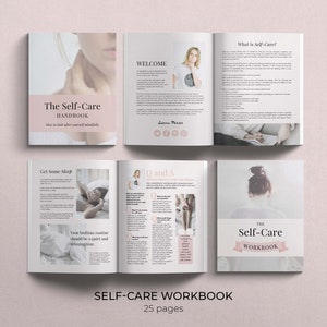 Self Care Bundle of Canva templates. Over 150 Canva template in US letter and A4 size. Pink pages of self care journal and self care workbook arranged as 4 ebooks.