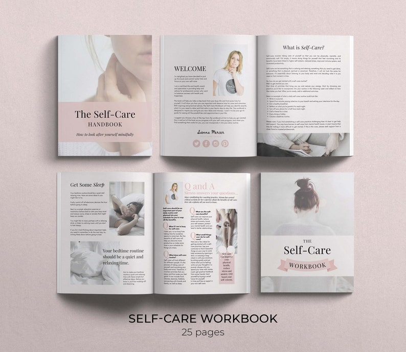 Self Care Bundle of Canva templates. Over 150 Canva template in US letter and A4 size. Pink pages of self care journal and self care workbook arranged as 4 ebooks.