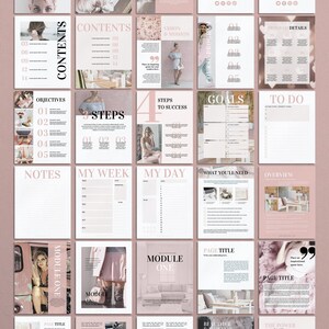 Pode incluir: Um caderno de trabalho rosa e branco com o t&iacute;tulo "Rosie Washington Workbook Title" e uma tabela de conte&uacute;do, objetivos, etapas, metas e listas de tarefas. O caderno de trabalho &eacute; projetado para o desenvolvimento pessoal e inclui se&ccedil;&otilde;es para notas, minha semana, meu dia, o que voc&ecirc; precisa e uma vis&atilde;o geral. O caderno de trabalho tamb&eacute;m inclui uma se&ccedil;&atilde;o de m&oacute;dulo um com um t&iacute;tulo de p&aacute;gina e uma cita&ccedil;&atilde;o.