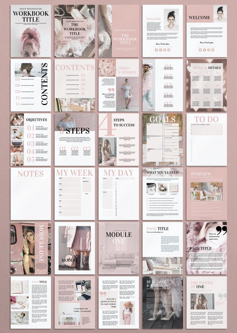 Pode incluir: Um caderno de trabalho rosa e branco com o t&iacute;tulo "Rosie Washington Workbook Title" e uma tabela de conte&uacute;do, objetivos, etapas, metas e listas de tarefas. O caderno de trabalho &eacute; projetado para o desenvolvimento pessoal e inclui se&ccedil;&otilde;es para notas, minha semana, meu dia, o que voc&ecirc; precisa e uma vis&atilde;o geral. O caderno de trabalho tamb&eacute;m inclui uma se&ccedil;&atilde;o de m&oacute;dulo um com um t&iacute;tulo de p&aacute;gina e uma cita&ccedil;&atilde;o.