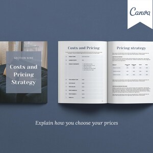 Canva template Business Plan with front covers, executive summary, vision and mission, business aims and goals, problems and solutions, products and services, competitor analysis, operations and logistics, costs, pricing, financial forecast templates