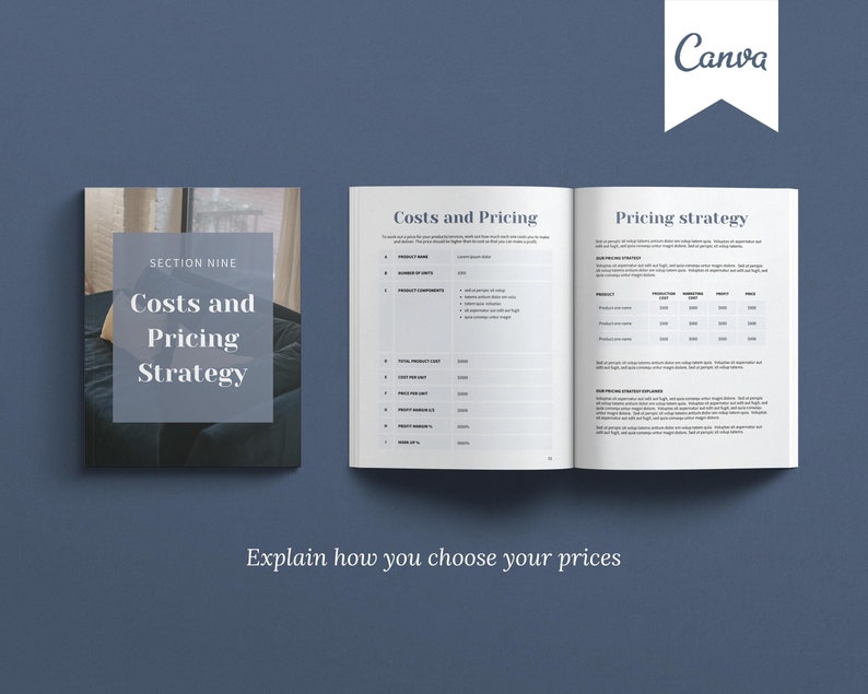 Canva template Business Plan with front covers, executive summary, vision and mission, business aims and goals, problems and solutions, products and services, competitor analysis, operations and logistics, costs, pricing, financial forecast templates