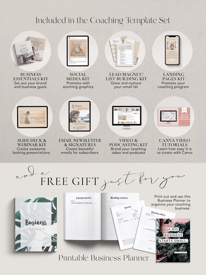 Coaching Business Start Up Toolkit Canva template bundle. All content written and done for you. Coaching business templates, social media templates, coach lead magnet templates, coach webinar templates, sales landing page templates, email templates