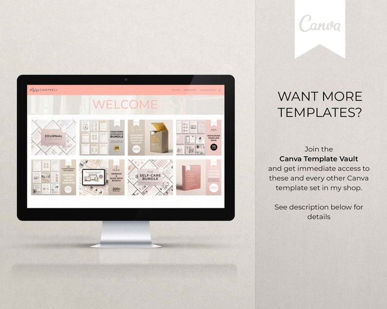 Canva template vault. Get all the Canva templates in my shop. Ebook templates, webinar templates, YouTube templates, Instagram templates, Facebook templates, Slide deck templates, sales landing page templates, gratitude journal templates, self care
