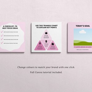 May include: Three square graphics with text. The first reads "A Checklist: To Help Focus Ideas" with a checklist. The second is a triangle chart. The third says "Today's Goal" with a landscape illustration. Text at the bottom says "Change colours to match your brand with one click."