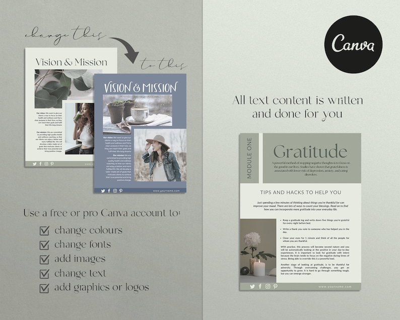 Health and wellness workbook Canva templates with content done for you. Health workbook template, wellness workbook template, health ebook template, wellness ebook template. Pale green ebook Canva templates for health and wellness. Health coach ebook