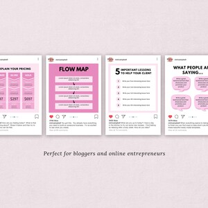 May include: Four pink social media templates with white text. The templates include pricing, a flow map, five lessons, and testimonials. The text includes "Explain Your Pricing", "Flow Map", "5 Important Lessons to Help Your Client", and "What People Are Saying..."