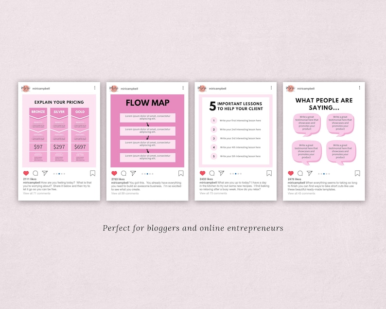 May include: Four pink social media templates with white text. The templates include pricing, a flow map, five lessons, and testimonials. The text includes "Explain Your Pricing", "Flow Map", "5 Important Lessons to Help Your Client", and "What People Are Saying..."