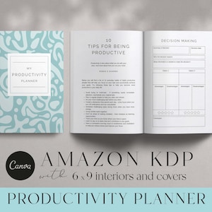 May include: A teal and white productivity planner with a cover featuring abstract shapes. The planner includes a section for decision making with a table to help you weigh the pros and cons of different options. The text on the cover reads "My Productivity Planner".