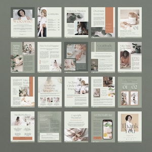 Health and wellness workbook Canva templates with content done for you. Health workbook template, wellness workbook template, health ebook template, wellness ebook template. Pale green ebook Canva templates for health and wellness. Health coach ebook