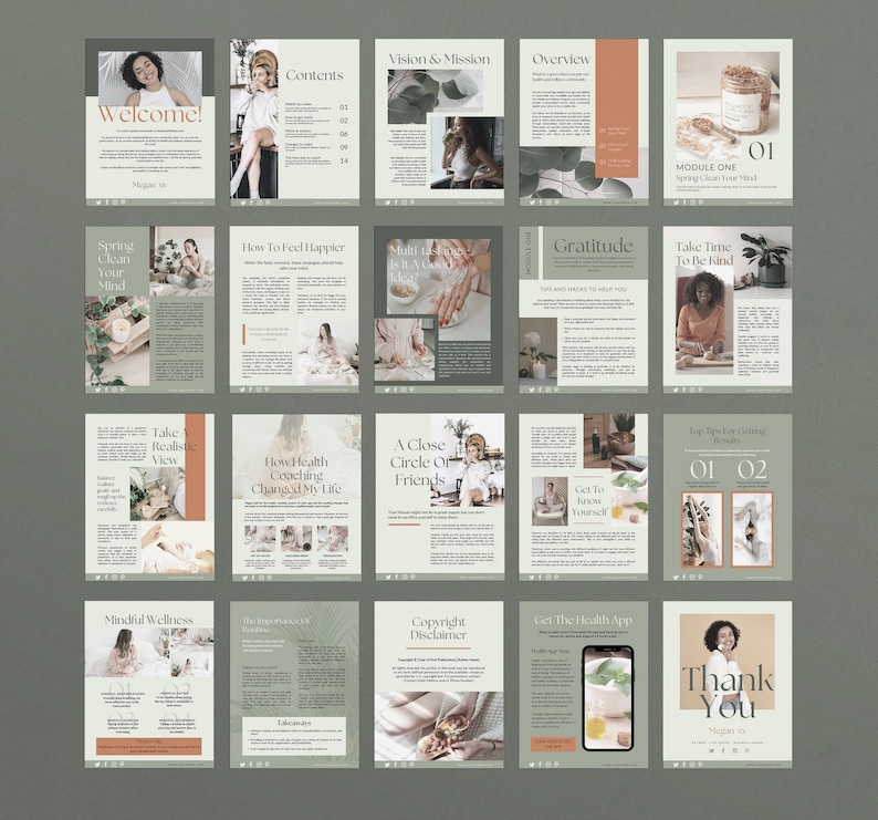 Health and wellness workbook Canva templates with content done for you. Health workbook template, wellness workbook template, health ebook template, wellness ebook template. Pale green ebook Canva templates for health and wellness. Health coach ebook