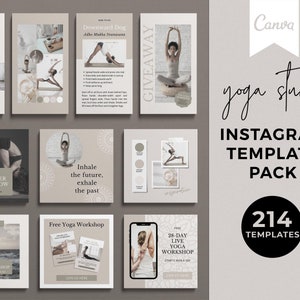 May include: A set of 214 Instagram templates for yoga studios. The templates feature a variety of designs, including images of yoga poses, inspirational quotes, and information about yoga classes. The templates are designed to help yoga studios promote their business and connect with their clients.