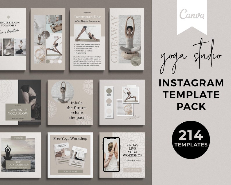 May include: A set of 214 Instagram templates for yoga studios. The templates feature a variety of designs, including images of yoga poses, inspirational quotes, and information about yoga classes. The templates are designed to help yoga studios promote their business and connect with their clients.