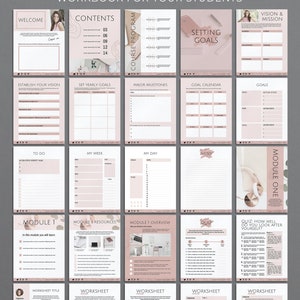 May include: A pink and white workbook template with the text "WORKBOOK TEMPLATE" at the top. The template includes pages for setting goals, establishing a vision, creating a course program, and completing worksheets.