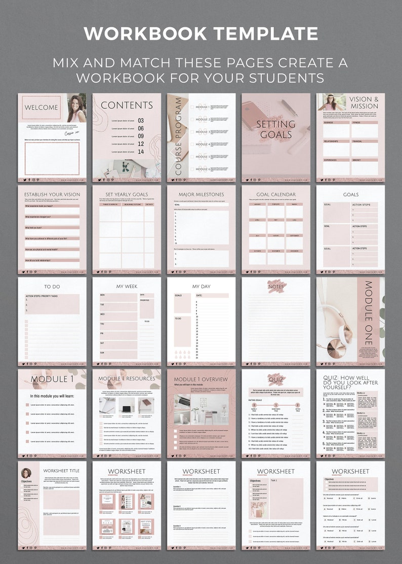 May include: A pink and white workbook template with the text "WORKBOOK TEMPLATE" at the top. The template includes pages for setting goals, establishing a vision, creating a course program, and completing worksheets.