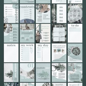 Puede incluir: Un libro de trabajo imprimible verde y blanco con un dise&ntilde;o floral. El libro de trabajo incluye secciones para objetivos, objetivos, pasos, notas y un planificador diario. El texto de la portada dice "The Workbook Title".