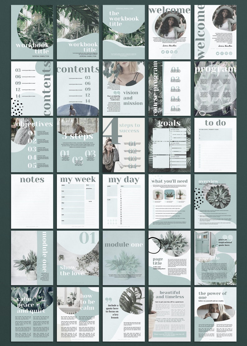 Puede incluir: Un libro de trabajo imprimible verde y blanco con un dise&ntilde;o floral. El libro de trabajo incluye secciones para objetivos, objetivos, pasos, notas y un planificador diario. El texto de la portada dice "The Workbook Title".
