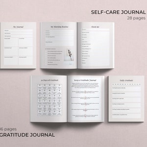 Self Care Bundle of Canva templates. Over 150 Canva template in US letter and A4 size. Pink pages of self care journal and gratitude journal arranged as 2 book mockups. My morning routine, my journal, 30 days of gratitude, daily gratitude