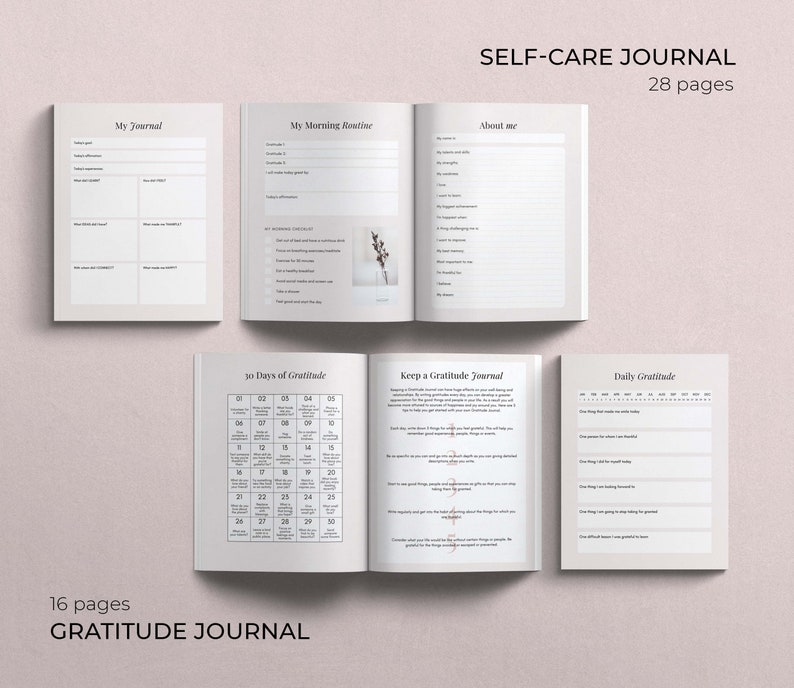 Self Care Bundle of Canva templates. Over 150 Canva template in US letter and A4 size. Pink pages of self care journal and gratitude journal arranged as 2 book mockups. My morning routine, my journal, 30 days of gratitude, daily gratitude