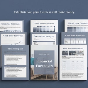 Canva template Business Plan with front covers, executive summary, vision and mission, business aims and goals, problems and solutions, products and services, competitor analysis, operations and logistics, costs, pricing, financial forecast templates