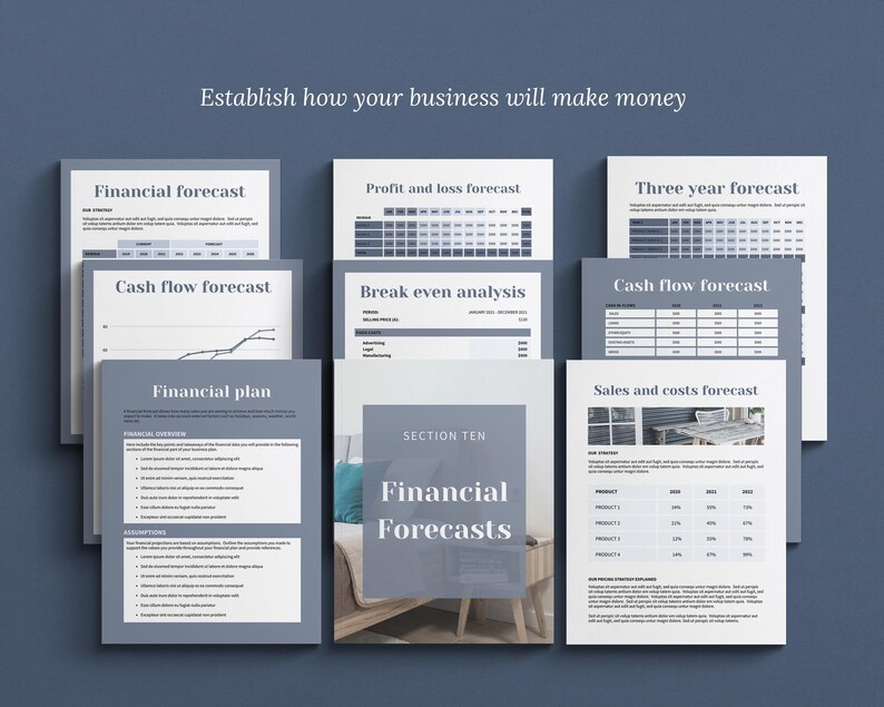 Canva template Business Plan with front covers, executive summary, vision and mission, business aims and goals, problems and solutions, products and services, competitor analysis, operations and logistics, costs, pricing, financial forecast templates