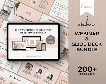 May include: A pink and beige digital marketing webinar and slide deck bundle with over 200 templates. The image shows a laptop, tablet, and phone displaying different slides from the bundle. The text "Today, I'm sharing content from my brand new program" is displayed on the laptop screen. The text "Webinar & Slide Deck Bundle" is displayed on the right side of the image. The text "200+ Templates" is displayed at the bottom of the image.