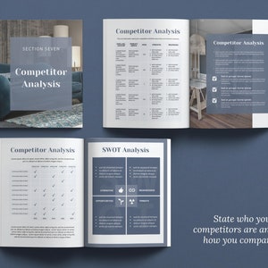 Canva template Business Plan with front covers, executive summary, vision and mission, business aims and goals, problems and solutions, products and services, competitor analysis, operations and logistics, costs, pricing, financial forecast templates