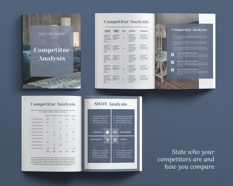 Canva template Business Plan with front covers, executive summary, vision and mission, business aims and goals, problems and solutions, products and services, competitor analysis, operations and logistics, costs, pricing, financial forecast templates