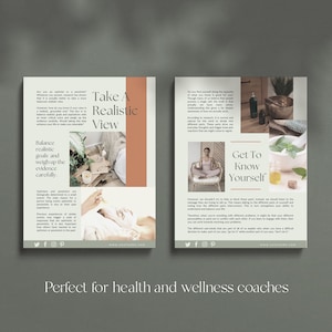 Health and wellness workbook Canva templates with content done for you. Health workbook template, wellness workbook template, health ebook template, wellness ebook template. Pale green ebook Canva templates for health and wellness. Health coach ebook