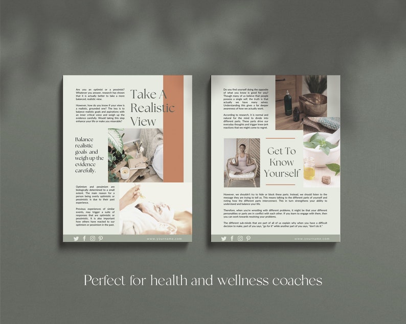 Health and wellness workbook Canva templates with content done for you. Health workbook template, wellness workbook template, health ebook template, wellness ebook template. Pale green ebook Canva templates for health and wellness. Health coach ebook
