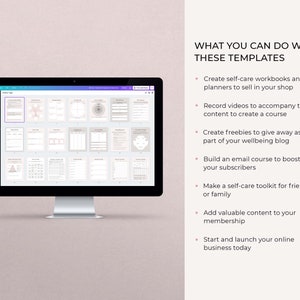 Self Care Bundle of Canva templates. Over 150 Canva template in US letter and A4 size. Pink pages of self care journal and gratitude journal arranged on iMac showing Canva template bundle.