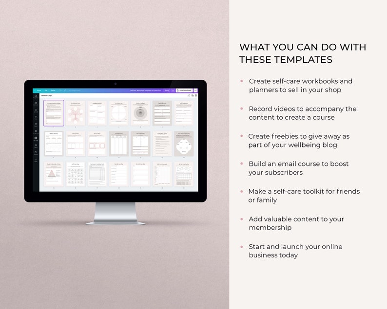 Self Care Bundle of Canva templates. Over 150 Canva template in US letter and A4 size. Pink pages of self care journal and gratitude journal arranged on iMac showing Canva template bundle.