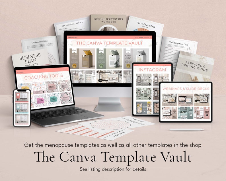 May include: A digital product mockup featuring a collection of Canva templates for business, coaching, and social media. The templates are organized into categories such as "Business Plan", "Coaching Tools", "Instagram", "Webinars & Slide Decks", and "Services & Pricing Guide". The text "The Canva Template Vault" is displayed on the image.