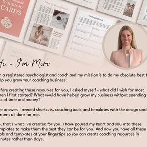 May include: A woman with blonde hair smiles at the camera. The text "Hi - I'm Miri" is written in a pink and white font. The text below reads "I'm a registered psychologist and coach and my mission is to do my absolute best to help you grow your coaching business."