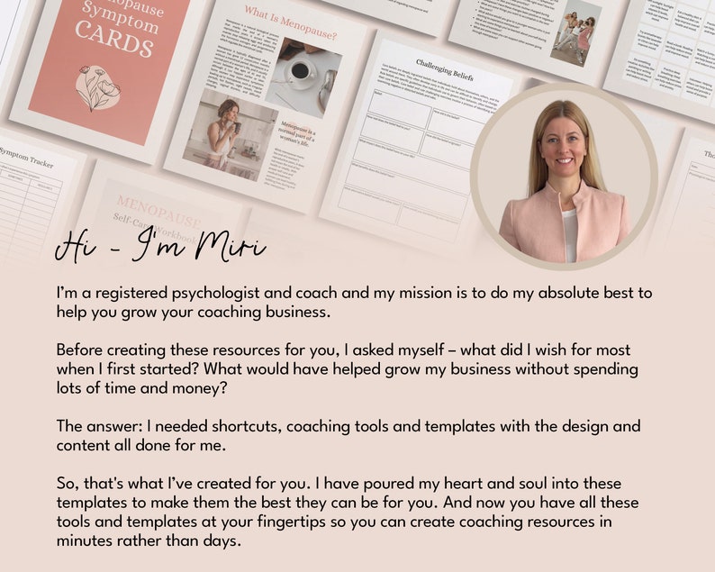 May include: A woman with blonde hair smiles at the camera. The text "Hi - I'm Miri" is written in a pink and white font. The text below reads "I'm a registered psychologist and coach and my mission is to do my absolute best to help you grow your coaching business."