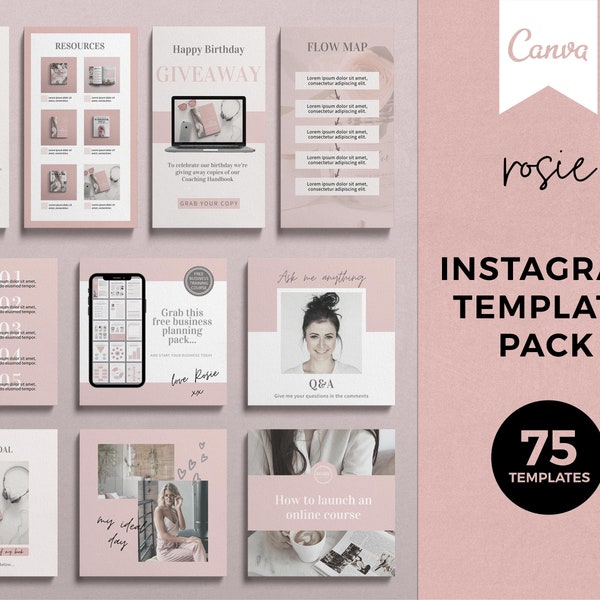 Canva Instagram Templates: Feminine Theme, Social Media Posts (75 Templates)