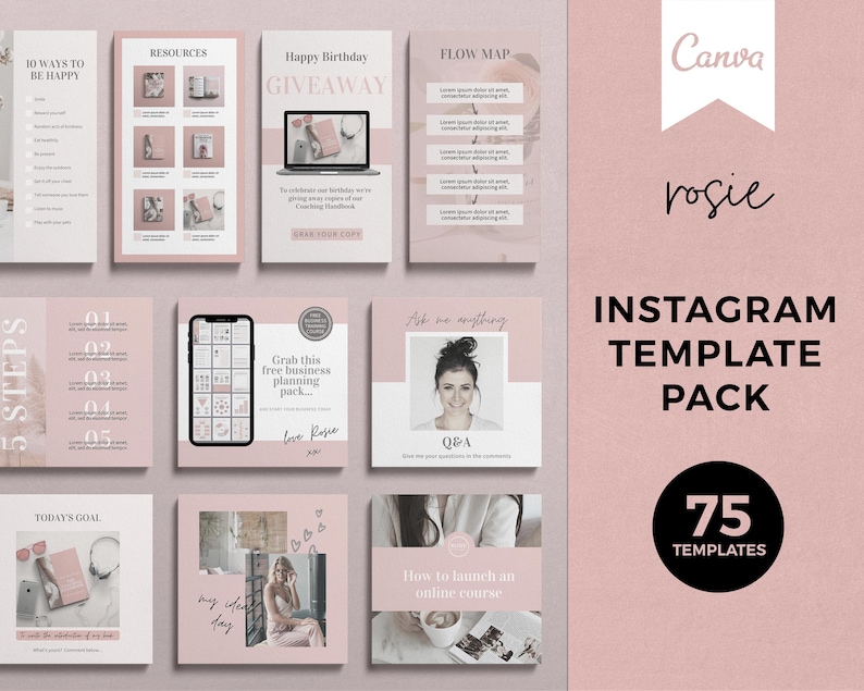 May include: A pink and white Instagram template pack with 75 templates for social media. The pack includes templates for a variety of topics, including business planning, goal setting, and online courses. The templates are designed to be easy to use and customize.