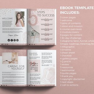 May include: A pink and white ebook template with the title "Ebook Template Includes:" and a list of the contents of the ebook. The ebook is about steps to success, calming the body, and caring for yourself.