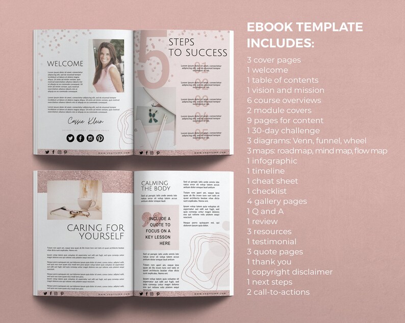 May include: A pink and white ebook template with the title "Ebook Template Includes:" and a list of the contents of the ebook. The ebook is about steps to success, calming the body, and caring for yourself.
