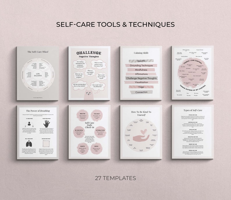Self Care Bundle of Canva templates. Over 150 Canva template in US letter and A4 size. 8 Pink pages of self care journal and self care workbook showing self-care tools and techniques. Types of self-care, challenge negative thoughts, self care wheel