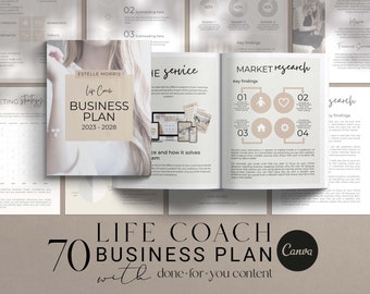 May include: A beige and brown business plan template for life coaches. The cover features a woman with a neutral expression and the text "Life Coach Business Plan 2023-2028". The inside pages include sections for market research, key findings, and service descriptions.