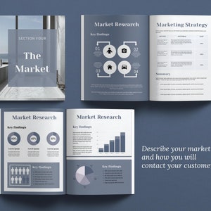 Canva template Business Plan with front covers, executive summary, vision and mission, business aims and goals, problems and solutions, products and services, competitor analysis, operations and logistics, costs, pricing, financial forecast templates