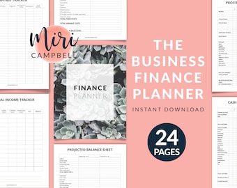 Może przedstawiać: Różowo-biały, drukowany planer finansowy dla firm z tekstem "The Business Finance Planner" i "Instant Download" w kolorze czarnym. Planer zawiera 24 strony i prezentuje projekt z sukulentami.