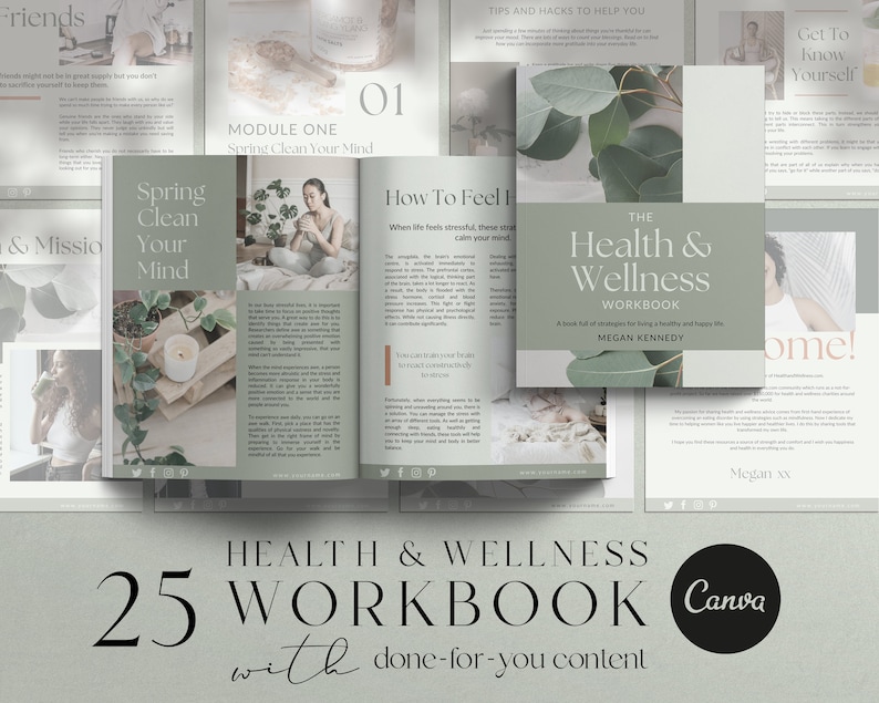 Health and wellness workbook Canva templates with content done for you. Health workbook template, wellness workbook template, health ebook template, wellness ebook template. Pale green ebook Canva templates for health and wellness. Health coach ebook