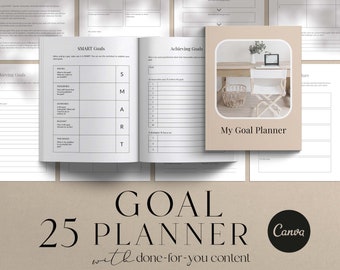 May include: A goal planner with the text "My Goal Planner" on the cover. The cover is beige with a white laptop, a white chair, and a wicker basket on a wooden table.