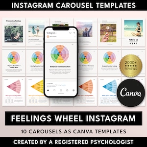 Puede incluir: Un conjunto de 10 plantillas de carrusel de Instagram para Canva con una rueda de sentimientos colorida. Las plantillas están diseñadas por un psicólogo registrado e incluyen texto como "Mejorar la comunicación" y "Navegar por sentimientos complejos".